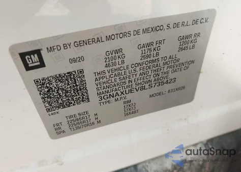 2020 Chevrolet Equinox Lt из США, поврежденный, VIN 3GNAXUEV8LS735423